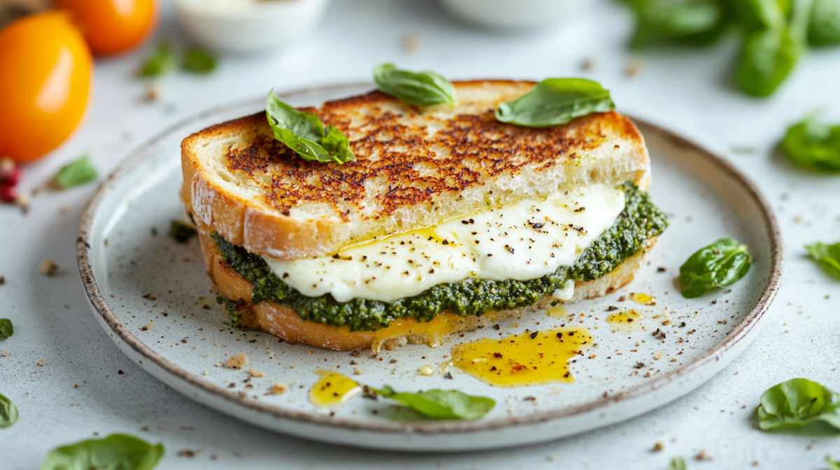 Ein Grilled Cheese mit Mozzarella und Spinat auf einem Teller, drumherum Spinatblätter und weitere Zutaten.