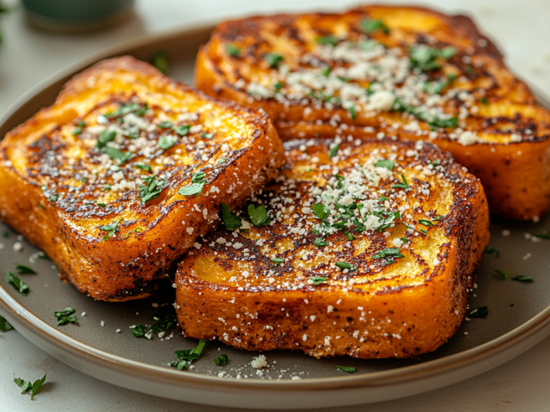 Ein Teller mit herzhaftem French Toast, der mit frischen Kräutern und geriebenem Parmesan garniert ist. In de rechten, oberen Bildecke ist eine kleine Schale Parmesan zu erkennen. Links im Hintergrund kann man verschwommen frische Kräuter entdecken.