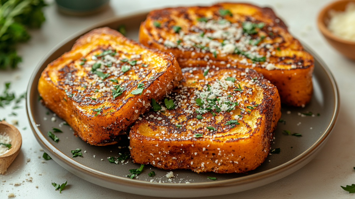 Ein Teller mit herzhaftem French Toast, der mit frischen Kräutern und geriebenem Parmesan garniert ist. In de rechten, oberen Bildecke ist eine kleine Schale Parmesan zu erkennen. Links im Hintergrund kann man verschwommen frische Kräuter entdecken.