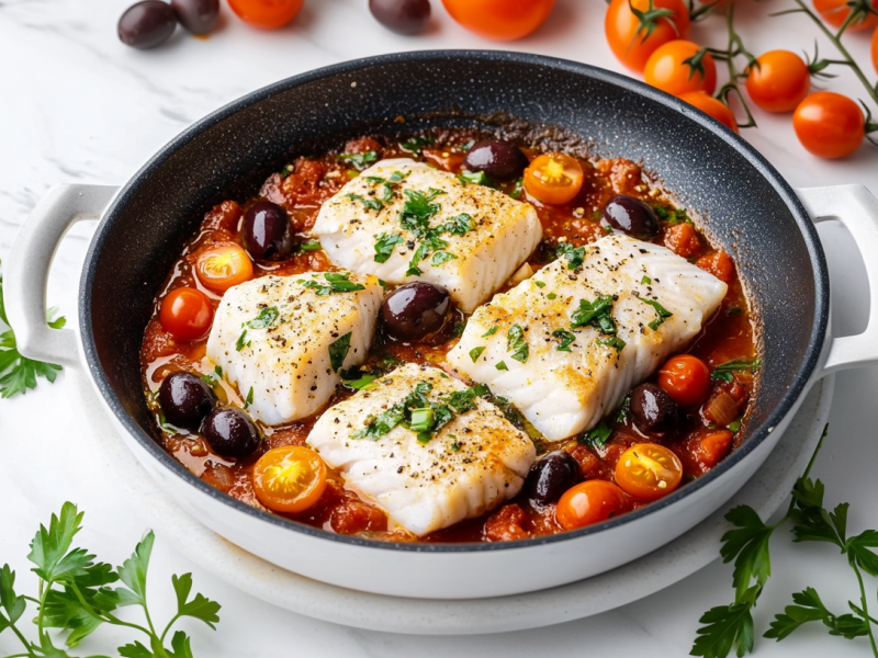 Eine italienische Fischpfanne mit TomatensoÃŸe, Tomaten und Oliven in einer Pfanne, drumherum KrÃ¤uter und Tomaten.