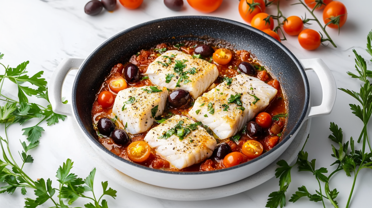 Eine italienische Fischpfanne mit Tomatensoße, Tomaten und Oliven in einer Pfanne, drumherum Kräuter und Tomaten.