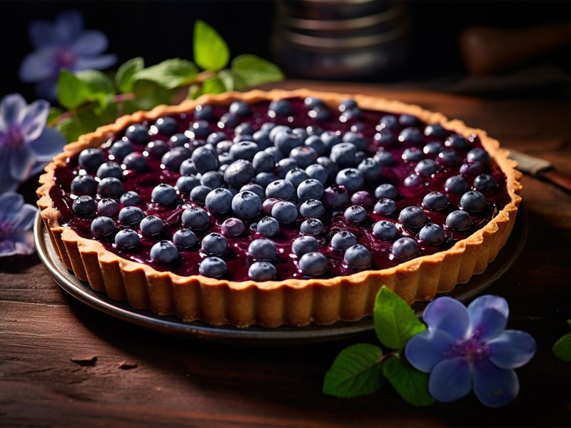 Runder Käsekuchen mit Mohn und Blaubeeren in dunkler Umgebung. Im Vorder- und Hintergrund liegen einige Blüten zur Dekoration.