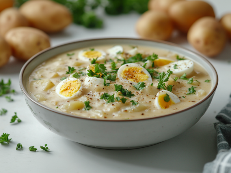 Eine Schüssel Kartoffelsuppe mit Ei, garniert mit Petersilie. Im Hintergrund unscharf einige Kartoffeln.