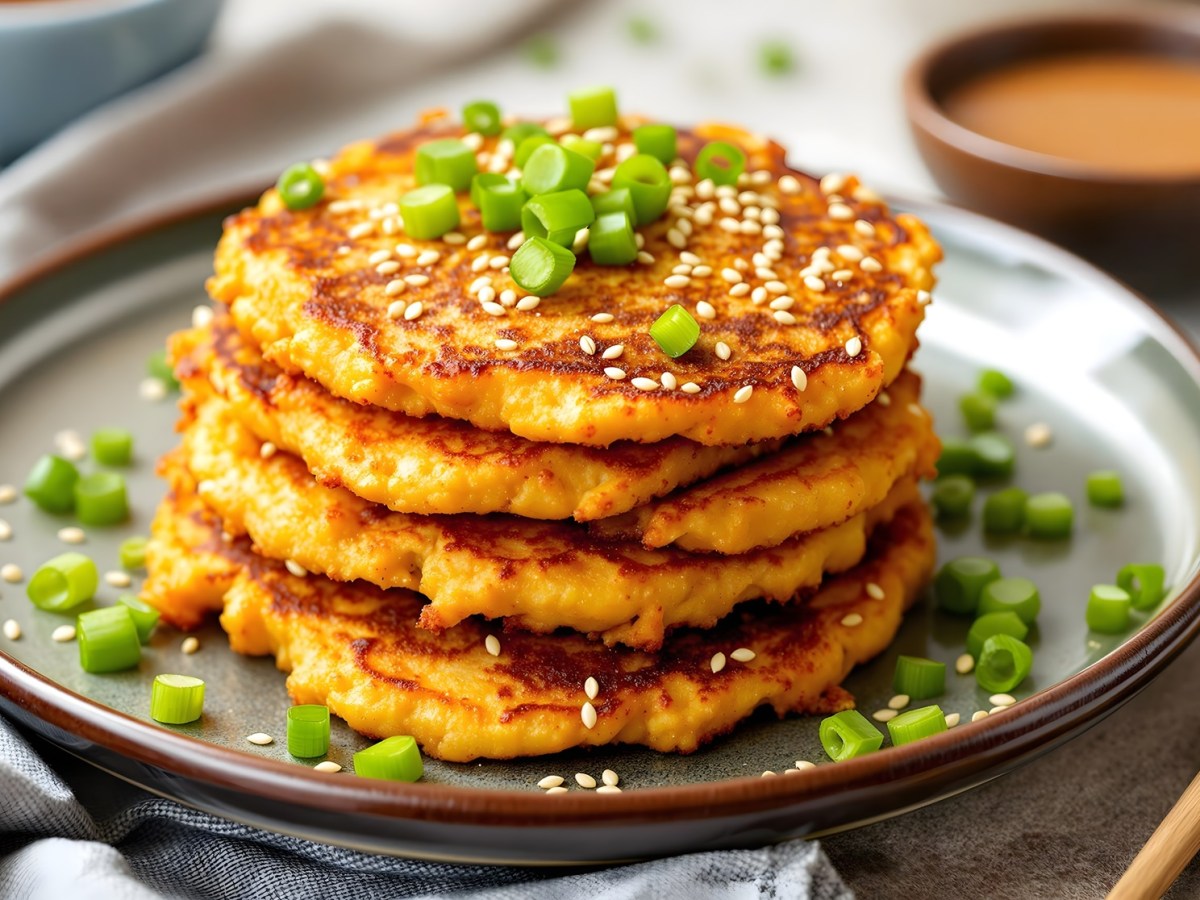 Vier Kimchi-Pancakes liegen aufeinandergeschichtet auf einem Teller. Sie sind mit Frühlingszwiebeln und Sesamsamen überstreut.