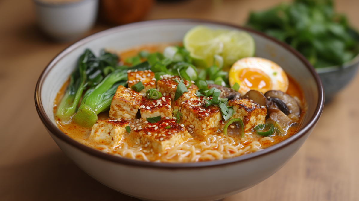 Eine Schüssel voll Kokos-Curry-Ramen mit Tofuwürfeln, Pak Choi, Pilzen und weichgekochtem Ei, garniert mit Frühlingszwiebeln, Sesam und Limette. Die Schüssel steht auf einer Holzplatte. Im Hintergrund kann man verschwommen frische Kräuter und kleine Schalen erkennen.