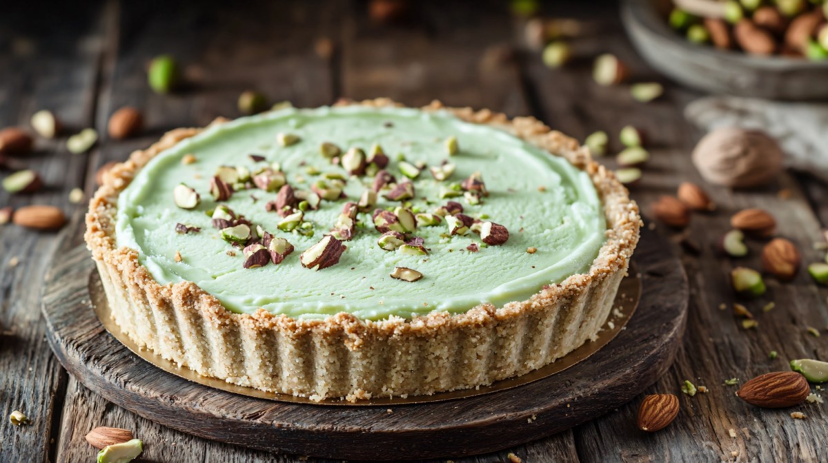 Ein Kokos-Pistazien-Cheesecake steht auf einer rustikalen Holzplatte auf einem Holztisch in derselben Farbe. Dekoriert ist er mit einigen Mandeln und Pistazien. Rund um den Kuchen liegen verteilt weitere Mandeln und Pistazien.