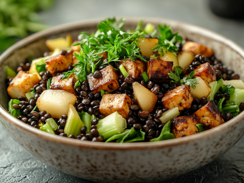 Eine hellbraune Keramikschüssel mit Linsensalat mit Räuchertofu und Birne, der mit frischem Kerbel garniert ist. Im Hintergrund sind verschwommen frische Kräuter zu sehen. Die Schüssel mit dem Salat steht auf einem dunklen Untergrund.