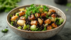 Eine hellbraune Keramikschüssel mit Linsensalat mit Räuchertofu und Birne, der mit frischem Kerbel garniert ist. Im Hintergrund sind verschwommen frische Kräuter zu sehen. Die Schüssel mit dem Salat steht auf einem dunklen Untergrund.