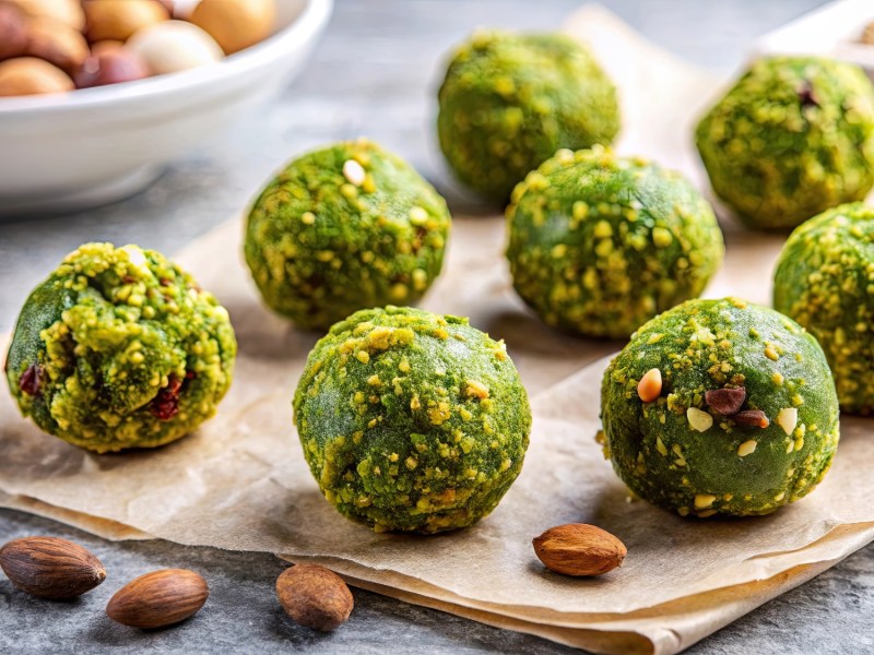 Matcha-Energy-Balls auf Backpapier