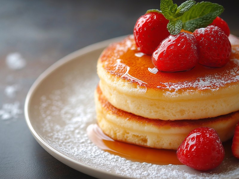 Ein Teller mit zwei Muffin-Pancakes aus der Heißluftfritteuse, garniert mit Ahornsirup und frischen Erdbeeren.