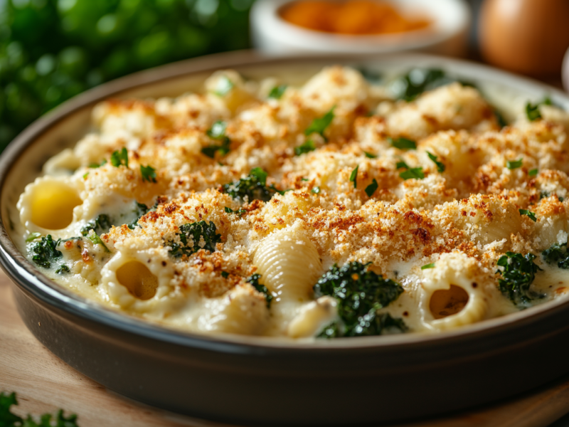 Nudel-Grünkohlauflauf mit Panko-Bröseln.