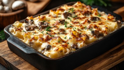 Nudelauflauf mit Pilzen in einer dunklen Auflaufform auf einem dunklen Holzbrett. Der K&auml;se ist goldbraun gebacken und der Auflauf mit frischen Kr&auml;utern &uuml;berstreut. Im Hintergrund steht eine kleine Holzschale mit Pilzen.