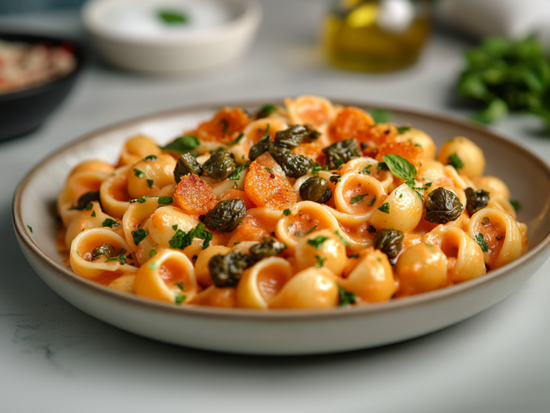 Ein Teller Nudeln mit Knoblauch-Paprika-Soße, Tomaten, Basilikum und Kapern. Im Hintergrund unscharf einige Zutaten in Schüsseln.