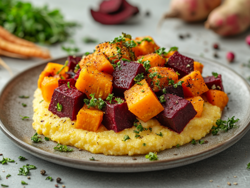 Ein Teller Ofengemüse mit Polenta, im Hintergrund frisches Gemüse.