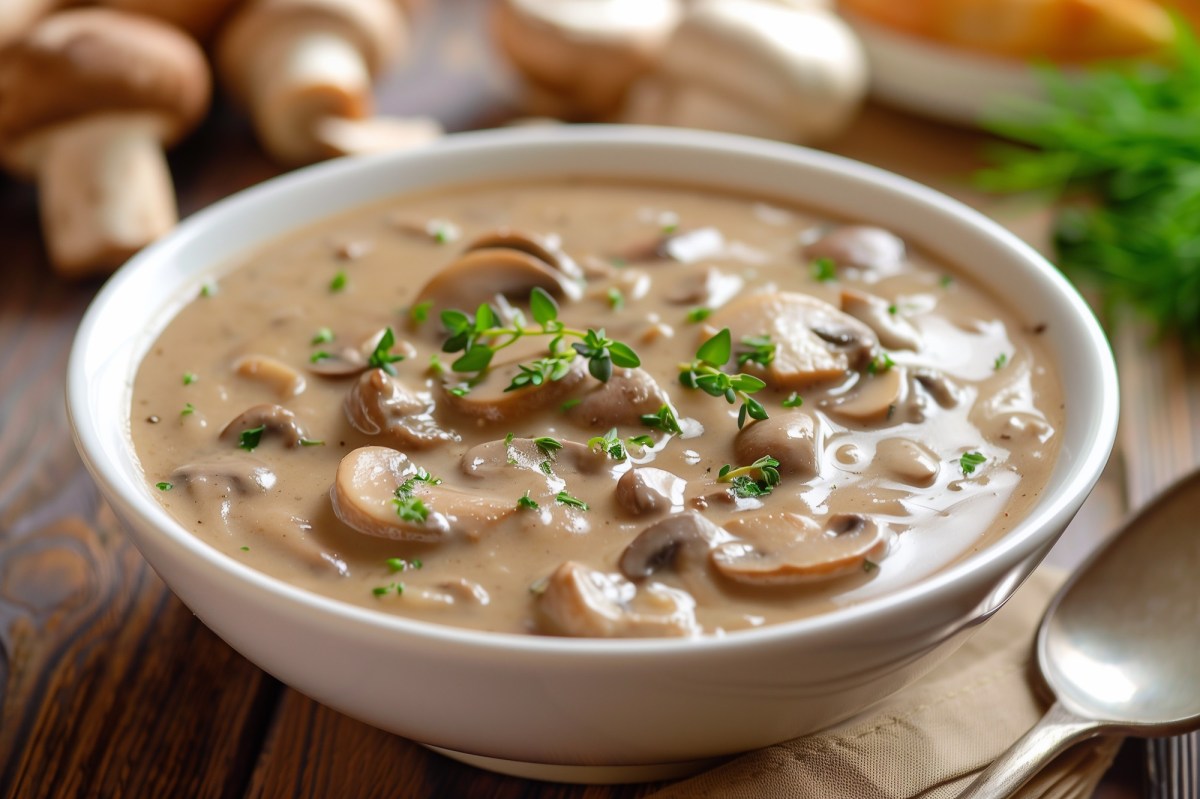 Eine Schüssel voll cremigem Pilzeintopf mit weißen Bohnen, garniert mit frischen Kräutern. Daneben ein Löffel. Im Hintergrund kann man Champignons und anderes Gemüse auf dem Holztisch erkennen.