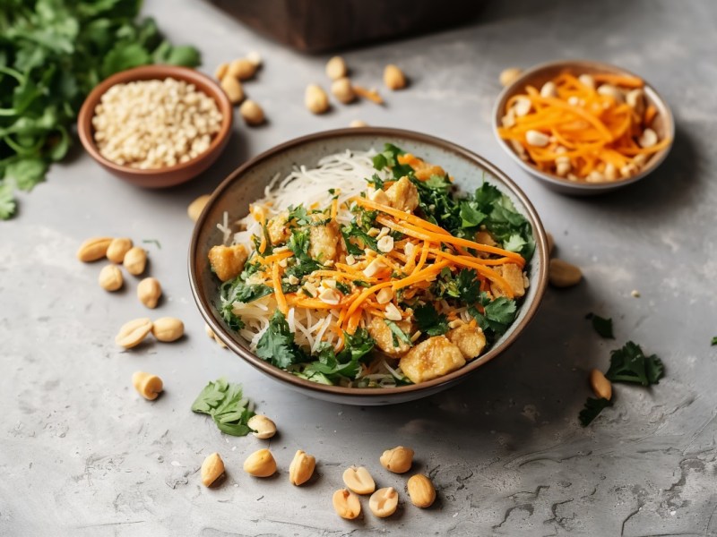 Eine Schale frischer Reisnudelsalat steht in der Mitte des Bildes. Er ist aus Reisnudeln, Karotten, Koriander, gebackenem Tofu und Erdnüssen zubereitet. Drumherum liegen weitere Erdnüsse sowie Koriander. Im Hintergrund steht eine Schale mit gehackten Erdnüssen und eine Schale mit geriebenen Möhren.