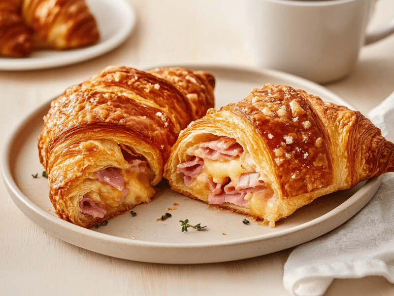 Ein Teller mit zwei Schinken-Käse-Croissants, im Hintergrund eine Tasse und ein Teller mit einem weiteren Croissant.