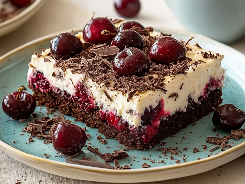 Ein StÃ¼ck SchwarzwÃ¤lder Kirschtorte vom Blech auf einem Teller, garniert mit Kirschen.