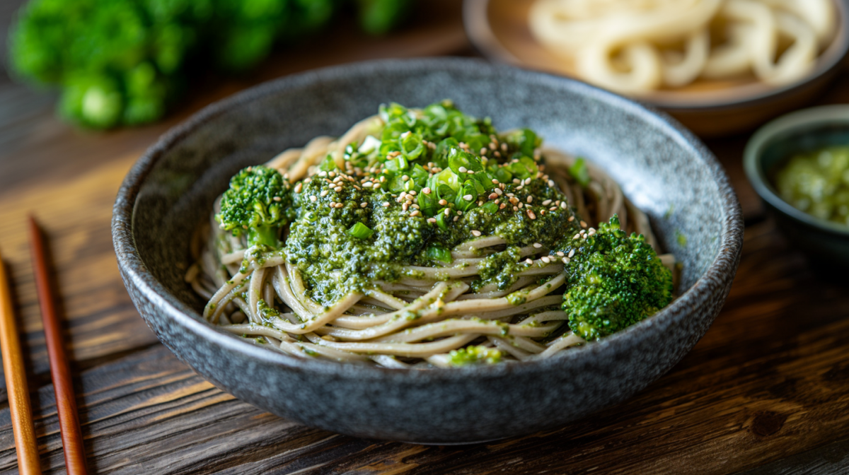 Soba-Nudeln mit Avocadopesto in einer schwarzen Schale. Angerichtet sind die Nudeln mit Brokkoli, frischen Frühlingszwiebeln und Sesamkörnern