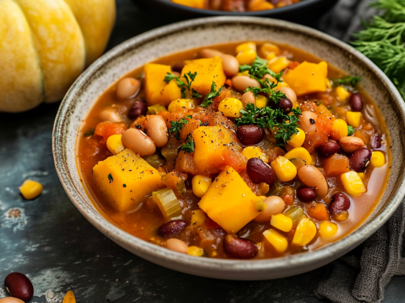 Eine Schale Three Sisters Stew mit KÃ¼rbis, Bohnen und Mais.