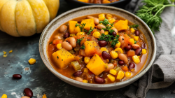 Eine Schale Three Sisters Stew mit Kürbis, Bohnen und Mais.