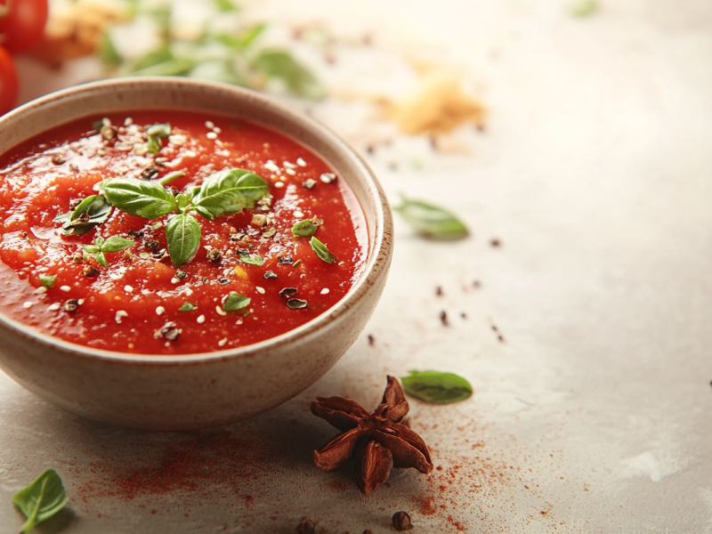 Eine kleine Schüssel Tomaten-Chutney, daneben Zutaten.