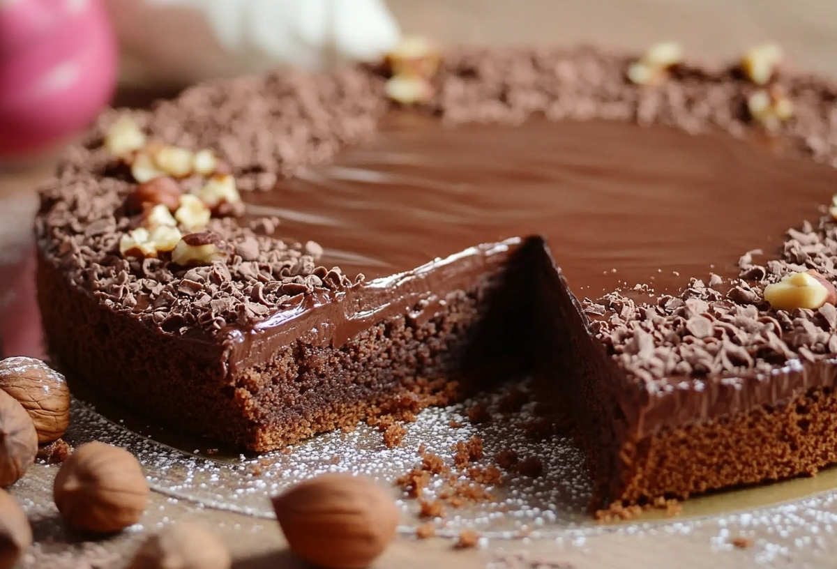 Torta Gianduia: italienischer Schoko-Haselnusskuchen, von dem ein Stück entnommen wurde.