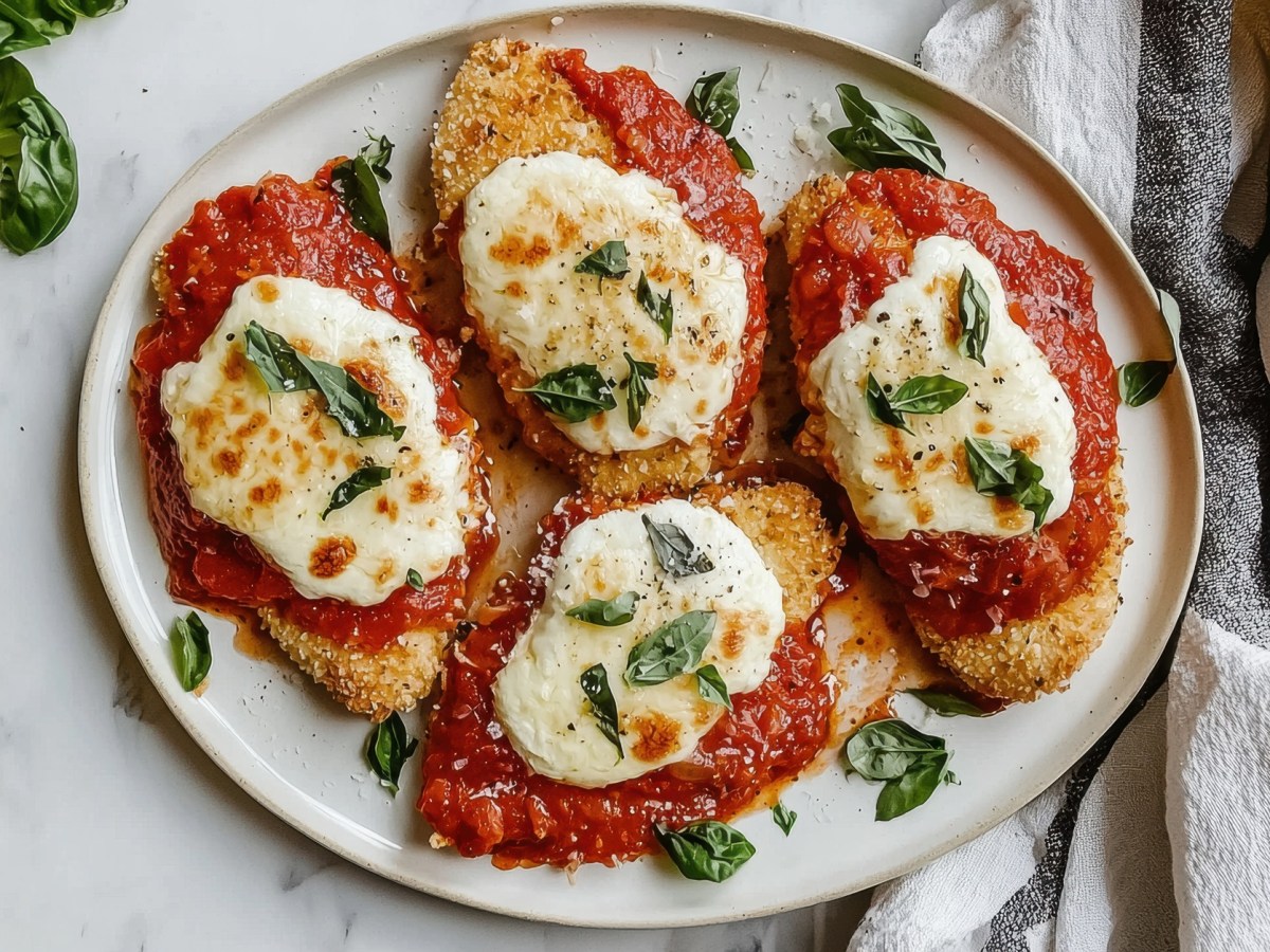 Ein Teller mit vier überbackenen Hähnchenschnitzel mit Tomate und Mozzarella. Garniert sind die überbackenen Hähnchenschnitzel mit frischem Basilikum. Der Teller steht auf einer hellen, marmornen Arbeitsplatte. Rechts vom Teller liegt ein weiß-schwarz gestreiftes Küchenhandtuch.