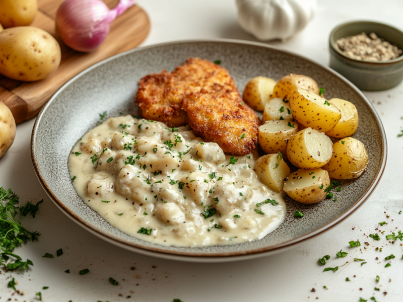 Veganer Rahmkohlrabi mit zwei kleinen Schnitzeln und Kartoffeln auf einem Teller, drumherum Zutaten.