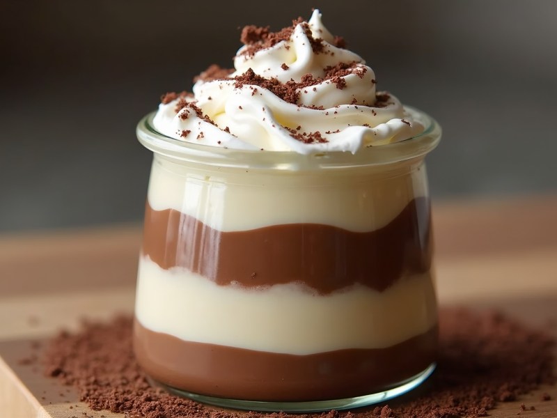 Ein Dessertglas mit veganem Monte mit Sahnehäubchen und feinen Schokoraspeln. Ringsum das Glas liegt Kakopulver verstreut.