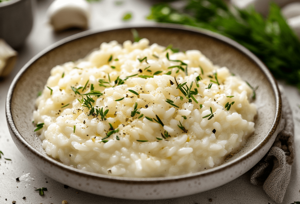 Veganes Risotto auf einem tiefen Teller.