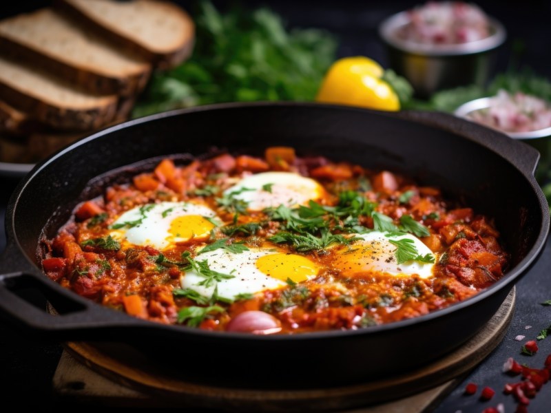 Eine Pfanne veganes Shakshuka mit Petersilie.