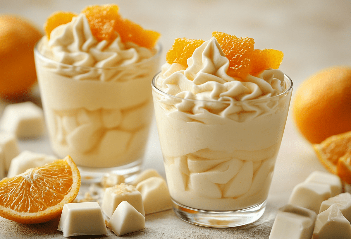 Zwei Gläser weiße Schoko-Orangen-Mousse garniert mit Orangenscheiben. Drumherum weiße Schokostücke und Orangen.