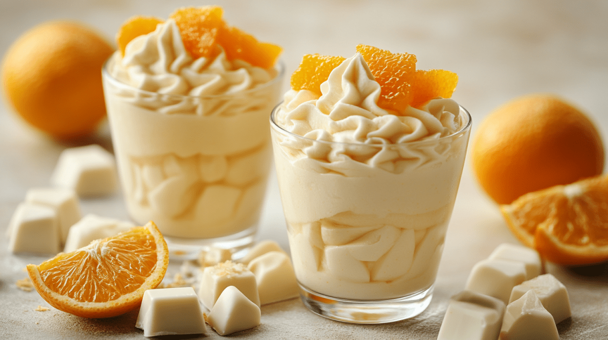 Zwei Gläser weiße Schoko-Orangen-Mousse garniert mit Orangenscheiben. Drumherum weiße Schokostücke und Orangen.