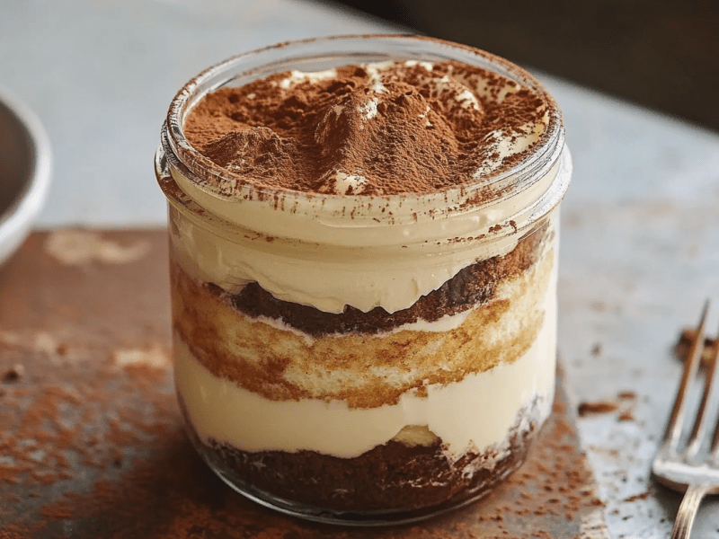 Ein Glas Zimtschnecken-Tiramisu. Daneben liegt eine Gabel.