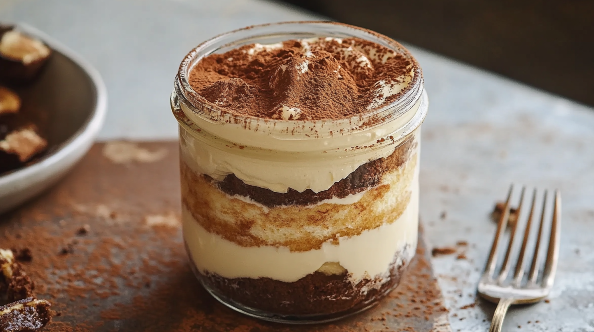 Ein Glas Zimtschnecken-Tiramisu. Daneben liegt eine Gabel.