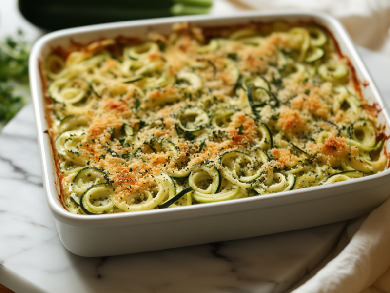 Zoodle-Auflauf mit Pesto in einer weißen Auflaufform. Die Form steht auf einer weißen Marmorplatte. Hinten links liegen zwei Zucchinis. Auf der rechten Seite des Bildes liegt ein weißes Tuch.