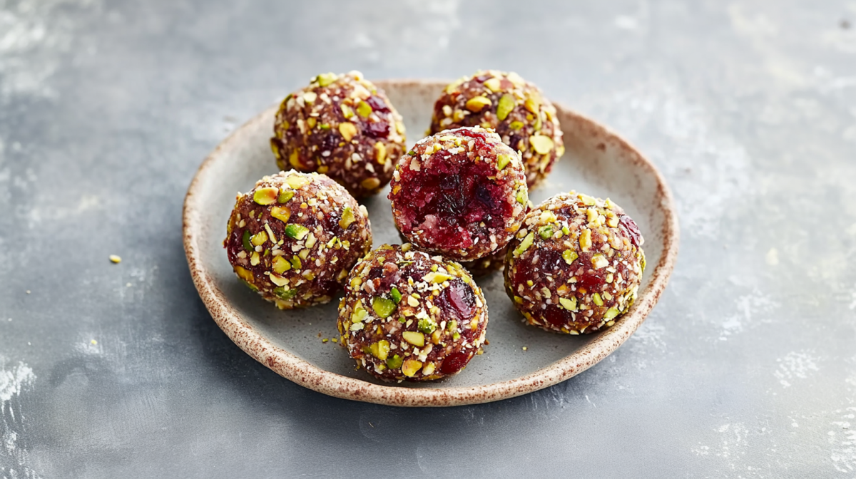 Ein kleiner Teller mit einigen Cranberry-Pistazien-Energy-Balls. Der Teller steht auf einer grauen Arbeitsfläche.