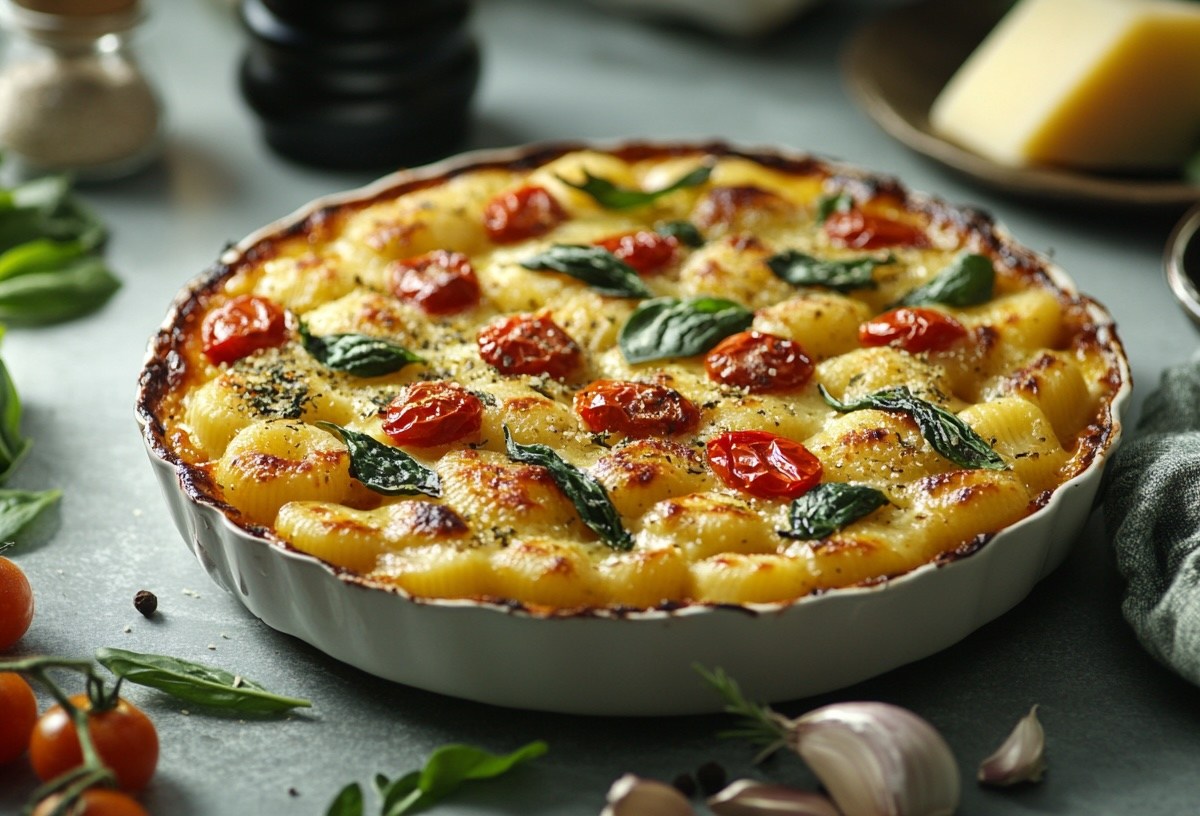 Gnocchi-Spinat-Gratin mit Spinat und Tomaten in runder Auflaufform, drumherum einige frische Zutaten.