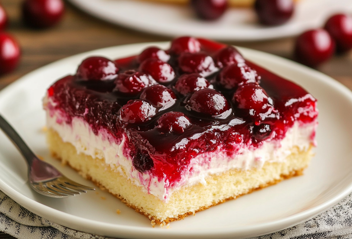 Ein Stück Kirsch-Schmandkuchen vom Blech.