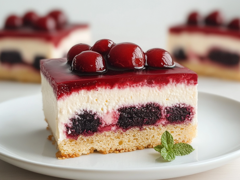Ein Stück Rotkäppchenkuchen vom Blech steht im Vordergrund. Er ist mit einem Minzblatt dekoriert. Im Hintergrund stehen zwei weitere Stücke Rotkäppchenkuchen vom Blech.