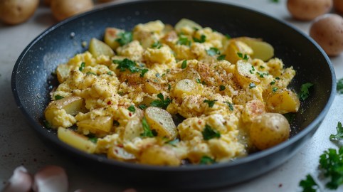 Rührei-Kartoffeln mit Käse in einer Pfanne, bestreut mit Petersilie, Nahaufnahme.