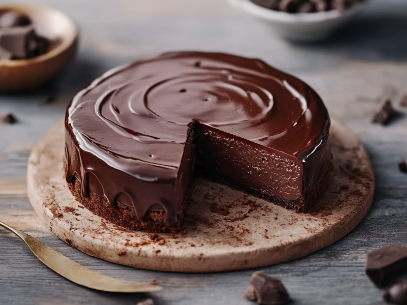 Ein angeschnittener Sacher-Cheesecake auf einem runden Holzbrett. Links neben dem Brett liegt ein goldenes Messer. Vor und neben dem Brett liegen noch große Schokostücke. Im Hintergrund sieht man Schalen mit weiteren Schokostücken.