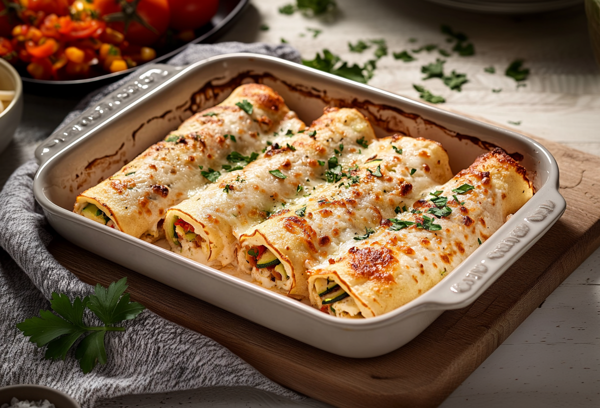 Vier überbackene Pfannkuchenrollen liegen in einer Auflaufform. Sie sind mit Käse überbacken und mit frischen Kräutern bestreut. Im Hintergrund sieht man noch eine Schale geriebenen Käse sowie eine Platte mit Tomaten.