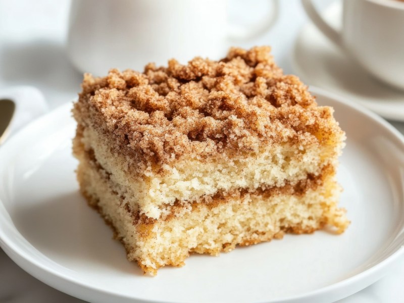 Ein Stück Zimt-Streuselkuchen vom Blech auf einem Teller