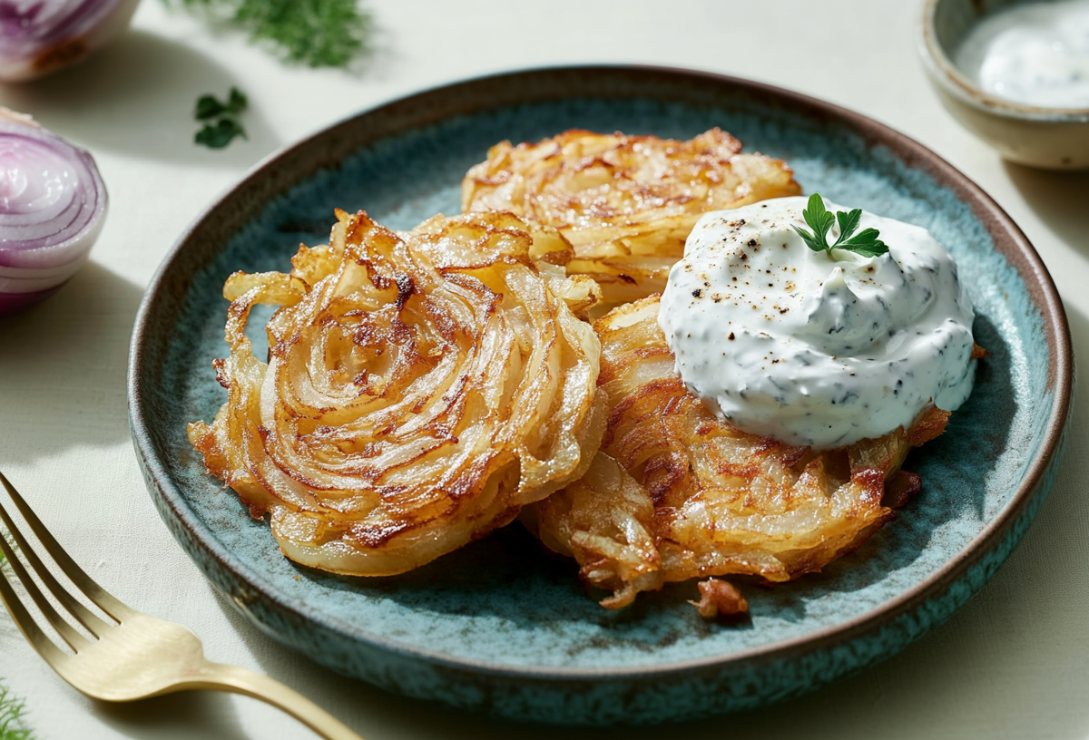 Drei Zwiebelpuffer liegen auf einem Teller und sind mit einer Joghurt-Kräutercreme garniert. Vorne links liegt eine Gabel sowie einige Kräuter. Hinten links im Bild sieht man angeschnittene Zwiebeln liegen. Hinten rechts steht ein Schälchen mit weiterem Dip.