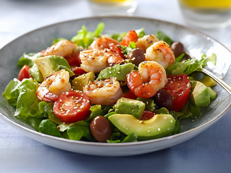 Ein Teller mit einer Portion Avocado-Garnelen-Salat, der unter anderem Kirschtomaten, Avocadostücke, Oliven und Salat enthält und mit Sesam bestreut ist. Der Teller steht auf einem hellblauen Tischuntersetzer. Im Hintergrund kanns man zwei Gläser erahnen, die mit einer gelb-grünen Flüssigkeit, vermutlich Olivenöl, gefüllt sind. Im Teller liegt eine Gabel.