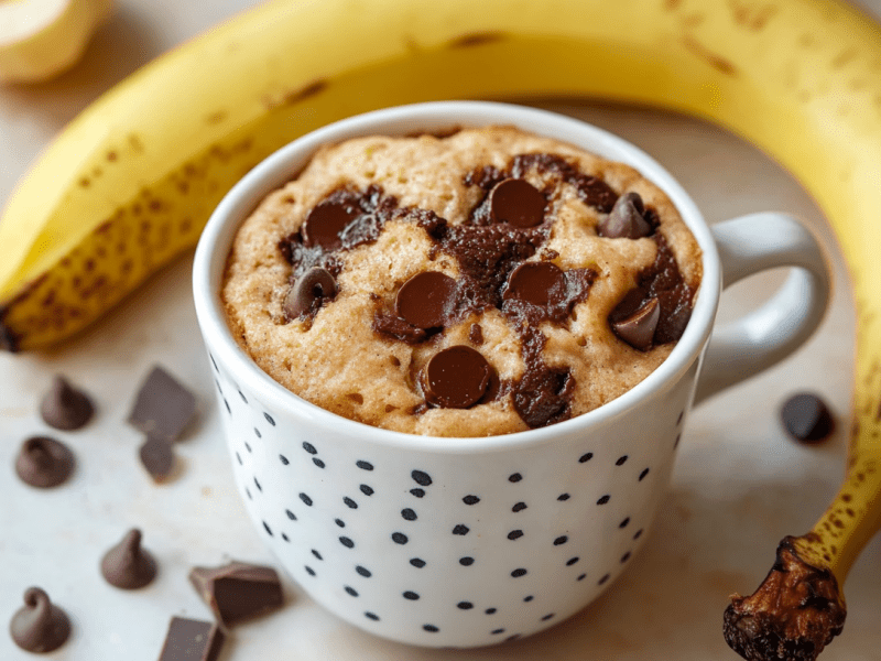 Ein Bananen-Tassenkuchen steht auf einem hellen Untergrund. Um die Tasse verteilt liegen Schokoladenstücke und eine Banane.