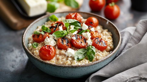 Eine Schüssel mit Feta Porridge steht auf einer grauen Arbeitsfläche. Es ist mit Feta, Tomaten und Basilikum zubereitet. Im Hintergrund sieht man von links nach rechts Feta, Basilikum und Tomaten. Im Vordergrund liegt ein graues Küchentuch.