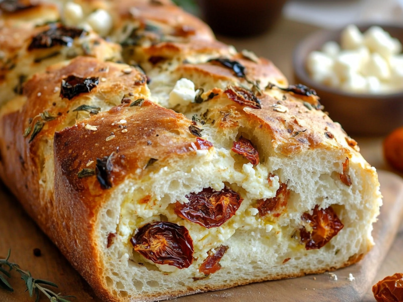 Ein angeschnittenes Feta-Tomaten-Brot.